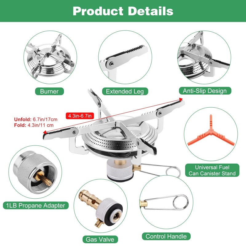 WADEO Camping Stove with 1LB Propane Tank Adapter, Fuel Can