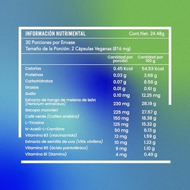 Melena de Leon, Complejo B y L Carnitina para Mejor Concentracion y Memoria | Nootropico Reforzado con L-Tirosina, Bacopa Monnieri y Semilla de Uva | 