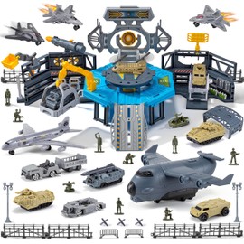 Military Base Toy, Army Toys Set with 14 Vehicles Airplane Plane Tank Trucks Helicopter Fighter Jet, Play Mat with Army Men Action Figures and Accessories, Birthday Gift for Kids