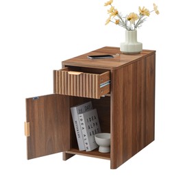 affeivul Fluted Narrow End Table with Charging Station, Farmhouse Side Table with Drawer Storage, Small Night Stand with Power Outlets and USB Ports, Sofa Side Table for Living Room - Walnut