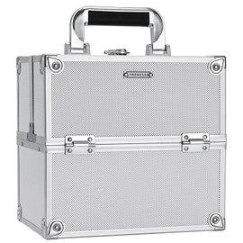 FRENESSA Makeup Train Case Makeup Organizer Box Portable Cosmetic Travel Case with Lock 4 Trays Aluminum Hard Vanity Box Make Up Artist Nail Beauty Storage Organizer Cosmetic Suitcase Bright Silver