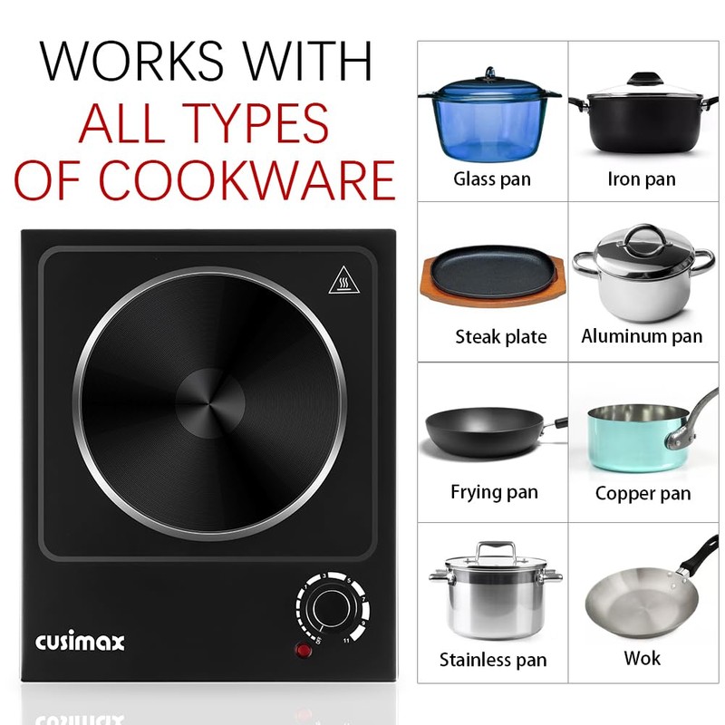 CUSIMAX Hot Plate, Single Burner Electric Cooktop, 1500W Electric Burner