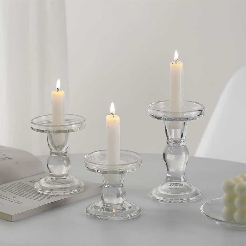 Glass Candle Holders, 3 Pieces Crystal Clear Candlesticks with Elegant