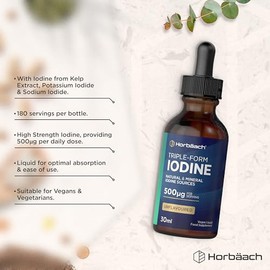 Iodine Liquid 500mcg | Natural Triple Form Iodine from Kelp Extract, Potassium Iodide & Sodium Iodide | 30ml Vegan Liquid - Unflavoured | by Horbaach