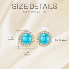 Turquoise Stud Earrings Sterling Silver Plated 14k Gold Round Genuine Gemstone Earrings Jewelry Gift for Women Wife
