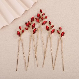 Teyglen 5pcs Bridal Red Crystal Hair Pins with Rhinestone Wedding Hair Pins Clips for Bride Party Prom Wedding Hair Accessories for Women Bridal Hair Jewelry Headpiece (Red)