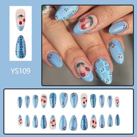 Almond French Tip Press on Nails Short Fake Nails Blue with Cherry False Nails Design Summer Acrylic Glue on Nails Blue Artificial Nails on Nails for Women Girls DIY Decoration 24 Pcs