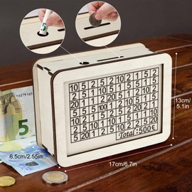 Wooden Money Saving Box, Wooden Cash Saving Box with Counter, Reusable Cash Vault Wood Saving Box with 6 Target Stickers and Erasable Pen, Saving Challenge Box for Kids, Adults-Euro Version