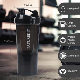 NATUREKIT Shaker Bottle,Protein Shaker Bottle, 16 oz GYM Shaker Cup with shaker Ball,Shaker Cups for Protein Shakes, Drink Mixer Bottle with Storage,BAP Free,Leakproof，Black