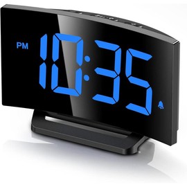 Digital Alarm Clock for Bedrooms, Digital Clock with Modern Curved Design, Conspicuous Blue LED Numbers, 5 Levels Brightness+Off, 2 Volume, 3 Alarm Tones,Power-Off, 12/24H alarm clock - Color: White Digit