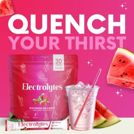 Zero Sugar Watermelon Candy Electrolytes Powder Packets (30 Pack) - All Natural Ingredients, Caffeine Free Energy for Refreshing Hydration - Vegan, Keto, Paleo Sugar Free Electrolytes Powder No Sugar