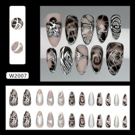 Black Press on Nails Chrome Silver Fake Nails Flower False Nails with Ombre Design Glossy Glue on Nails Glossy Full Cover Acrylic Medium Almond Stick on Nails for women girls Manicure 24Pcs