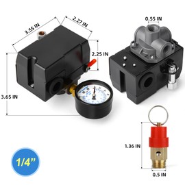 MEANLIN MEASURE Air Compressor Pressure Switch Control Valve 95-125 PSI 110V-240V 4-way Replacement Parts With 0-200 Pressure gauge and Safety Pressure Relief Valve