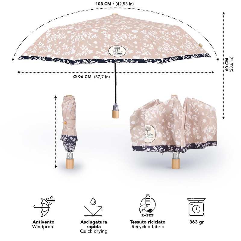 PERLETTI Green Women's Pocket Umbrella Ecologically Automatic Compact Small Umbrella
