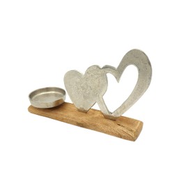 LivuX Kerzenhalter aus Metall und Mango Holz mit Herz-Dekor in Silber für Stumpenkerzen Maße 23x16x5 cm Hochwertige Dekoration für Wohnräume und Feste 1131