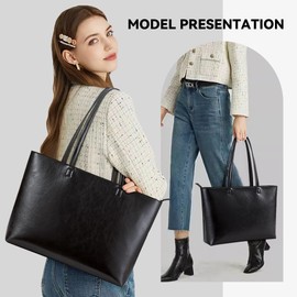 KALIDI Tote Bag Zipper Faux Leather Large Purses for Women Shoulder Bag Casual Handbag Work Dating College, Black