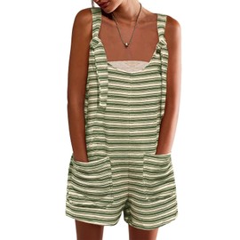 Yousify Casual Rompers for Women Summer 2025 Sleeveless Striped Tied Green Shorts Jumpsuits Stretchy Romper with Pockets XS