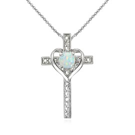 B. BRILLIANT Sterling Silver Synthetic White Opal Heart Cross Pendant Necklace for Women