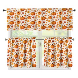 Jeiento - Juego de 3 cortinas de cocina de calabaza para otoño, juego de 3 cortinas de ventana de Acción de Gracias, cortinas de cenefa de hojas de otoño, juego de cenefa y cenefa de 24 pulgadas