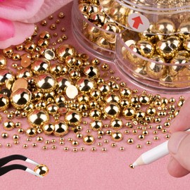 Nail Art Flat Back Half Round Pearl Kits 11, 1 Box of 5600 Pcs Flat-Back Gold Pearl with Tweezer and Picker Pencil for Home DIY Nails Body Face Craft and Salon Use