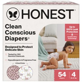 The Honest Company Clean Conscious Diapers for Delicate Skin | Up to 100% Leakproof | Hypoallergenic, Fragrance Free | Girl Prints | Club Box, Size 4 (22-37 lbs), 54 Count (Prints May Vary)