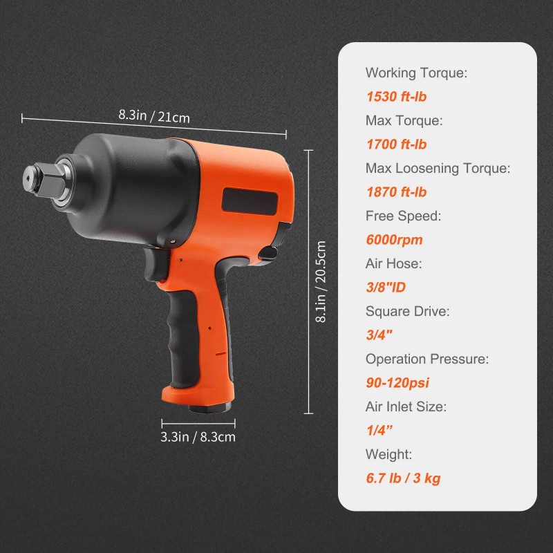3/4 Inch Drive Air Impact Wrench 1870ft Lbs Nut Busting