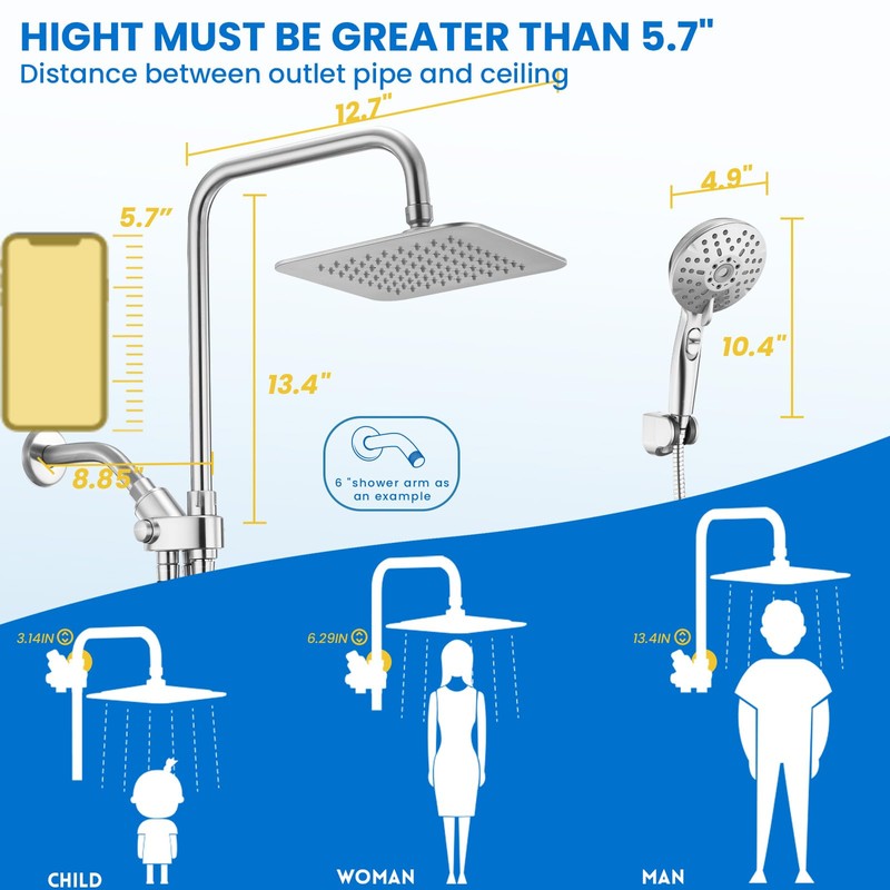 Ryamen 8" Dual Shower Head Combo, High Pressure Rainfall Shower