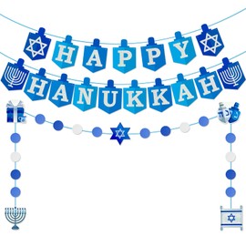 Hanukkah Decorations Banner Happy Hanukkah Sign Banner Chanukah Decorations for Home, Blue Glitter Supplies Indoor