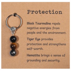 Drogomen Protection Keychain for Women, Triple Protection Natural Crystal Keychain Gifts Tiger Eye Hematite Black Obsidian Stone Healing Gemstone Keychain for Bring Good Luck and Prosperity