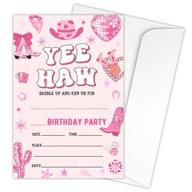 Zodvery Cowgirl Yeehaw Birthday Party Invitations Cards - Western Disco Ball Party Invites for Girls - Kids Fill in the Blank Invites Favors Supplies, 20 Cards with Envelopes set/B08