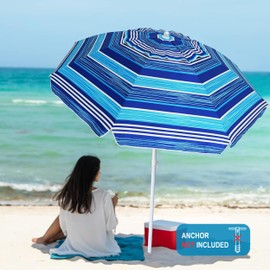 AMMSUN 6.5 ft Heavy Duty Beach Umbrella for Sand with tilt Air Vent Sun Shelter, UV 50+ Protection Outdoor Sunshade Umbrellas and Parasols with Carry Bag for Patio Garden Beach Pool stripe Blue
