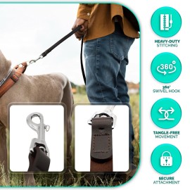 MyCanineUSA Genuine Leather Dog Leash Heavy Duty 4FT For Small-Medium And Large Dogs- Brown