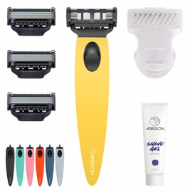 Arisson Men's Razors Set – Includes 1 Ergonomic Design Razor Handle, 4 Blade Refills, Travel Blade Cover, Shave Gel (Yellow)