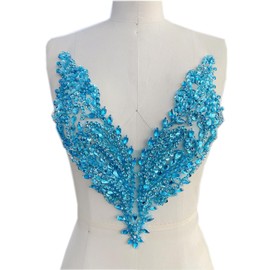 SimBae Pure Handmade Rhinestones Beads Applique sew on Crystal Sequins lace Trim Patches Accessories for Dress Clothing Neckline Shiny Bead Decorative Material 13.7X9.4inches (Sky Blue)