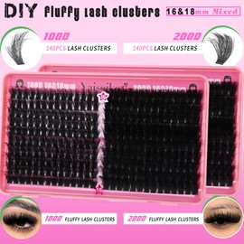 Yaiseiko Lash Clusters 100D+200D Thick Eyelash Clusters 16 & 18mm Wispy Individual Mega Volume Lashes D Curl Cluster Eyelash Extensions 280Pcs DIY Lash Extension at Home, by Yaiseiko(Plant Fiber)