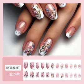 SINSEN Spring Floral Press on Nails Glossy Pink, Medium Square Shape Full Cover Fake Nails, Acrylic False Nails Design with Flowers, 24 Pcs French Tip Stick on Nails Art Decoration for Women&Girls