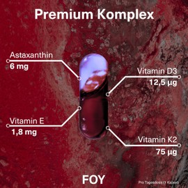 FOY® Astaxanthin + Vitamin D3 & K2 + Vitamin E (Antioxidans) + MCT-Öl für hohe Bioverfügbarkeit – 60 hochdosierte Premiumkapseln, laborgeprüft, vegan