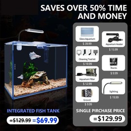 Aquarium Desktop Set 2.6 Gallon Small Fish Tank, Ultra Clear Glass Self Cleaning Filter Bright Light Heater Rocks Gravel Cleaning Tool, Rimless Fish Bowl for Beginners Starter Kit Keeping Betta Shrimp