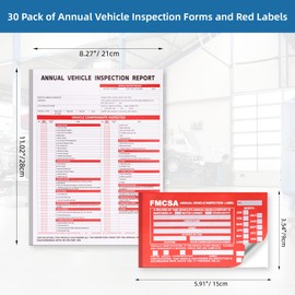 30-Pack Annual Vehicle Inspection Report Form, 3-Ply Carbonless Form and Hardboard, Includes 30-Pk Red FMCSA DOT Permanent Aluminum Adhesive Stickers, DOT Compliant