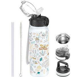 GOPPUS 600ml/20oz Stainless Water Bottle with Straw Double Wall Insulated Bottles with Strap One Hand Open Vacuum Thermal Flask Leakproof Keep Cold Drinks Bottles BPA Free for Adults (White Animal)