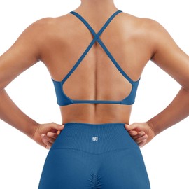 SUUKSESS Women 2 Piece Open Back Strappy Sports Bra Pack Twist Front V Neck Padded Workout Crops (#2 Blue & Black, L)