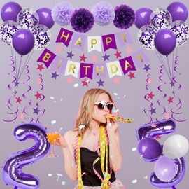 NANINUNENO 25th Birthday Decorations for Girls, Purple 25 Happy Birthday Balloons Supplies Including Purple Happy Birthday Banner, Purple 25 Number Balloons, Purple Pink Star Streamers, Hanging Swirls