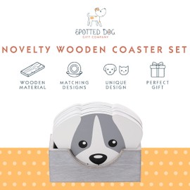 SPOTTED DOG GIFT COMPANY Dog Coasters Set of 6, Cute Wooden Coasters With Holder for Drinks Mugs Cups, Dog Themed Home Kitchen Decor Accessories, Gifts for Dog Lovers, Grey