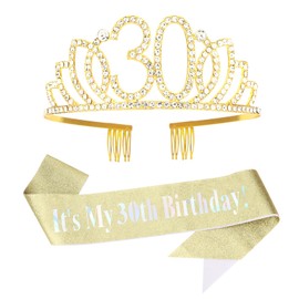 Amariver 30th Birthday Sash and Crown for Women Gold Birthday Crown Its My 30th Birthday Sash Rhinestones Birthday Tiara Happy Birthday Crown Glitter Sash Birthday Decoration for Party Gifts