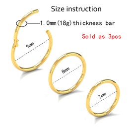 NewkeepsR 3PCS-1.0mm Gold Anodised Hinged Clicker Nose Hoop Rings, 18 Gauge 316L Steel Seamless Segment Sleeper Earrings Piercing-7/8/9mm