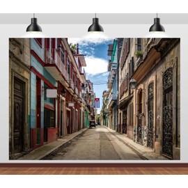 CORFOTO 10x8ft Fabric Cuba Havana Street Backdrop Photography Vintage Building Blue Sky Cloud Background Cuba Travel Party Decorations Wedding Backdrop Photoshoot Booth Studio Props