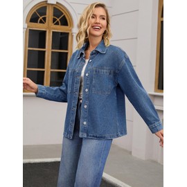 CIMUK Womens Denim Jacket Casual Long Sleeve Patch Pocket Boyfriend Oversized Jean Jackets Medium Dark Blue