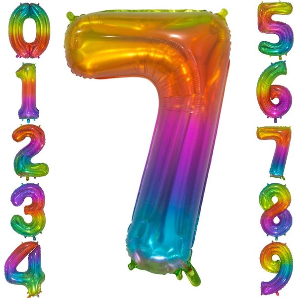 Tellpet Number 7 Balloon, Helium Foil Mylar Birthday Number Balloons, 7 Birthday Girl Party Decorations, Rainbow Front Silver Back, 40 Inch
