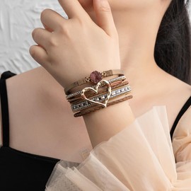 Rantanto Braid Leather Wrap Bracelet Trendy Stackable Crystal Cuff Boho Gold Heart Bracelet Jewelry Gift For Women (Heart Coffee)
