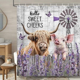 JAWO Farmhouse Shower Curtain, Farmhouse Rustic Floral Funny Highland Cow Shower Curtains for Bathroom, Cute Pig Country Farm Animal Bathroom Decor, with Hooks, Surreal Bathroom Curtain, 70X70IN